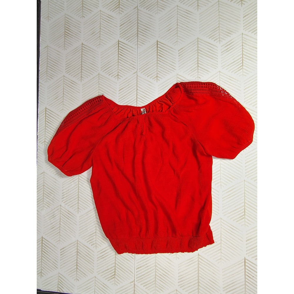 PerSeption Concept Red Crochet Lace Puff Sleeve Bubble Hem Peasant Blouse L